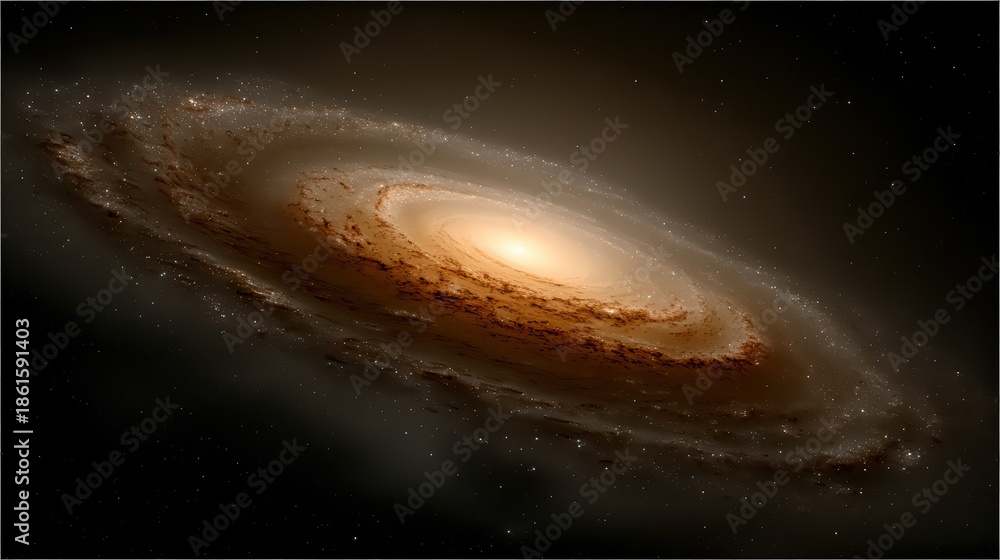 Fototapeta premium Spiral Galaxy with Bright Core and Arms Strewn with Stars in Deep Space