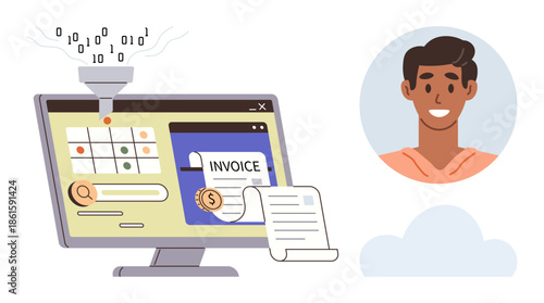 Computer screen displaying invoice management system with data funnel and user profile. Ideal for automation, finance, tech solutions, AI, e-commerce, analytics, workflow. Simple flat metaphor