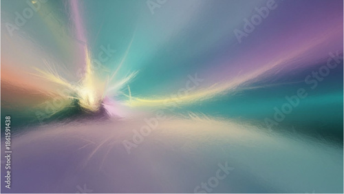 Vibrant Light Explosion Radiates Across a Serene Landscape with Pastel Hues and Gentle Clouds