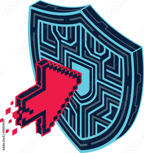 Isometric Cyber Security Shield Attack Vector. Digital Protection.