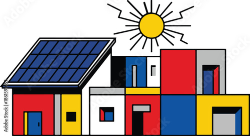 Abstract Solar House Icon. De Stijl/Pop Art Architecture & Renewable Energy.