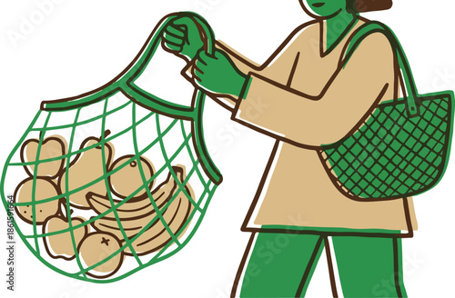 Eco-friendly shopping vector. Zero waste lifestyle, carrying fruit net bag.