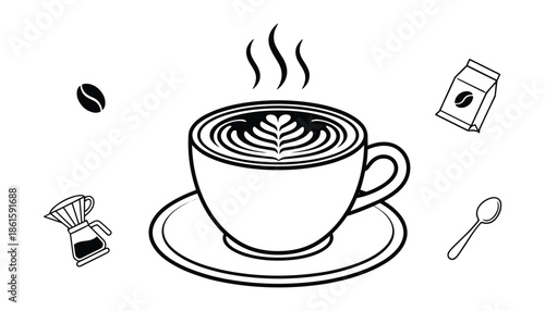 Latte art with coffee bean moka pot coffee bag and spoon on transparent background