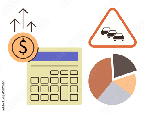 Calculator with rising cost dollar sign, traffic congestion warning triangle, and divided pie chart. Ideal for economics, financial planning, traffic impact analysis, data visualization, cost