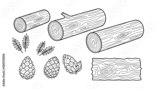 Wood elements line art illustration of log cone and plank isolated on background