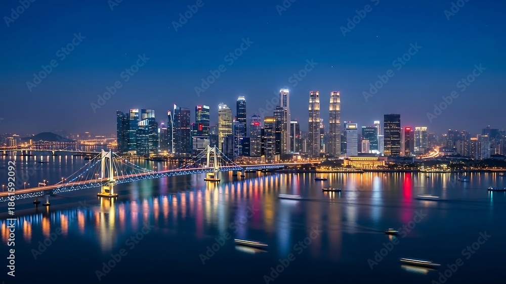 Fototapeta premium City Skyline at Night with Water Reflections.