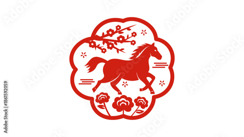 Red horse illustration in a floral emblem design