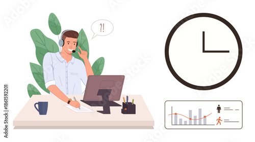 Man in a headset taking notes while speaking at a desk with a computer and mug, surrounded by a clock and an analytics chart. Ideal for time management, productivity, customer service, multitasking