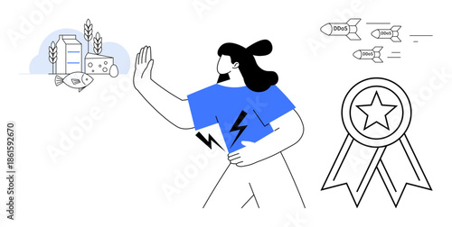 Renewable energy, healthy lifestyle, environmental awareness, food security, peace advocacy, sustainability. A person blocking negative elements with renewable energy power. Renewable energy and food