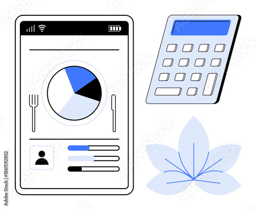 Nutrition tracking, diet planning, wellness management, health apps, calorie counting, healthy lifestyle. Smartphone screen with pie chart, calculator leaf symbol. Nutrition tracking and diet