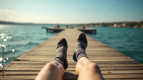 Relaxing View of Legs Stretched on Wooden Pier by Sea
