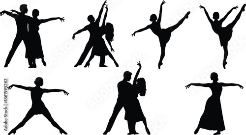 Ballroom and ballet dancer silhouettes set, professional couple dancing tango, elegant woman performing classical dance poses, isolated artistic graceful vector illustration elements.