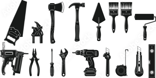 Black, silhouette, construction, tool, icons, set, isolated, on, white, background, vector, illustration, for, carpenter, repair, manual, work, hardware, equipment, 