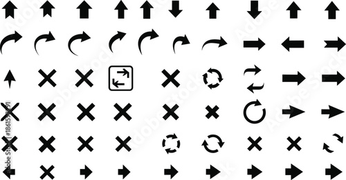 Arrows and interface icons set, black silhouettes of directional pointers and reload symbols, isolated navigation elements for web design and app development,