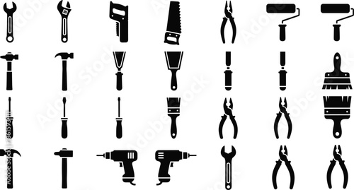 Hand tools vector icons set, professional construction hardware for repair and renovation, isolated black silhouettes of hammers wrenches screwdrivers and drills for DIY,