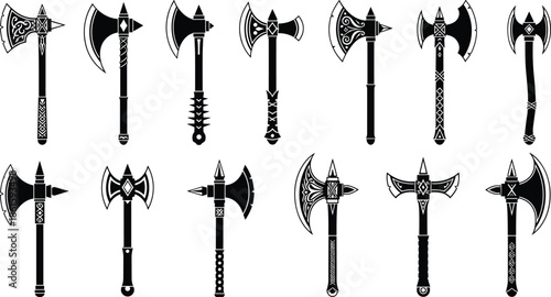 Medieval battle axe and hatchet icon set, black silhouette vector illustration of ancient viking weapons, fantasy tomahawks, and polearms on white background.
