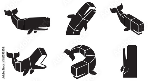 Set of stylized geometric whale illustrations in black and white, representing different poses and perspectives.
