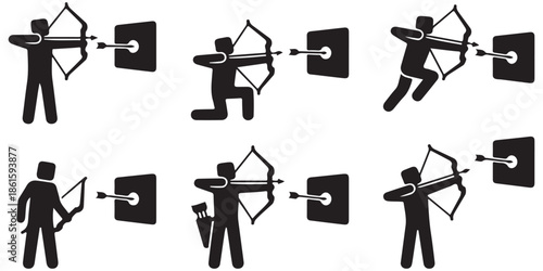 Collection of stick figure archery poses demonstrating different stances and actions in the sport of archery.