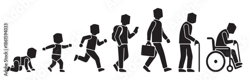 Illustration of human life stages from infancy to old age, showing development and aging.