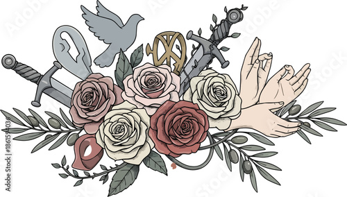 Wedding Illustration with Roses and Sword.