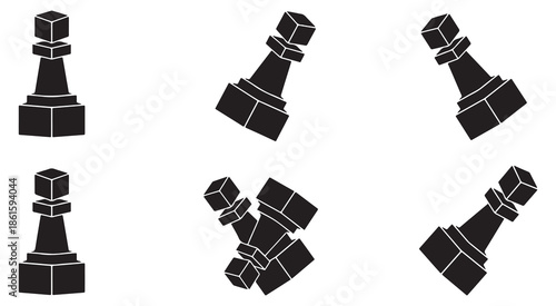 Black chess pawn pieces arranged in different orientations on a white background, symbolizing strategy and competition.
