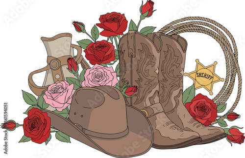 Cowboy Boots and Sheriff Badge with Roses.