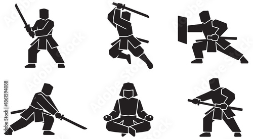 Collection of stylized silhouettes of a samurai warrior in various martial arts poses, demonstrating combat and meditation.