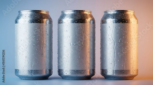 Three Cold Blank Wet Aluminum Beverage Cans with Water Drops