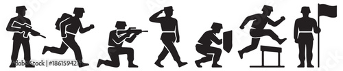 Collection of black silhouette icons representing soldiers in various military poses and actions, including aiming, running, and saluting.