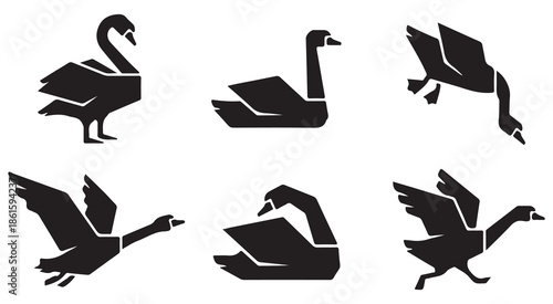 Set of stylized geometric origami swan and goose icons in silhouette, depicting various poses and actions.