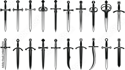 Medieval sword and dagger icon set, black silhouette vector illustration of ancient blades, knight weapons, and fantasy rapiers isolated on white background.