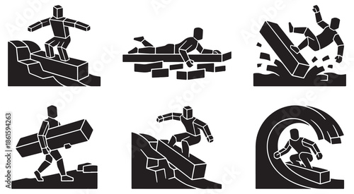 Set of six abstract illustrations depicting a figure interacting with a rectangular object in various dynamic poses and scenarios.