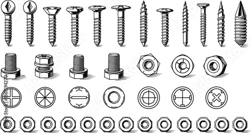 Professional hardware vector set, hand drawn screws bolts and nuts for construction, industrial fasteners icons, mechanical engineering repair tools isolated black silhouettes,