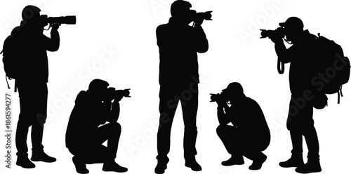 Professional photographer silhouettes set, paparazzi taking photos with dslr camera and telephoto lens, journalist press media poses, isolated artistic vector illustration elements,