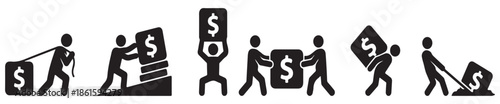 Collection of stick figures demonstrating various ways of carrying and moving money bags with dollar signs.