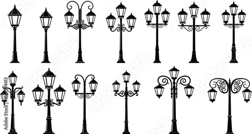 Vintage street lamp icon set, black silhouette vector illustration of classic outdoor lanterns, antique lampposts, and city light fixtures on white background.