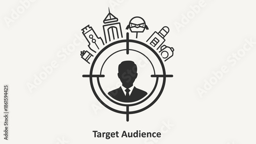 An illustration depicting a target with a person inside, surrounded by various icons.