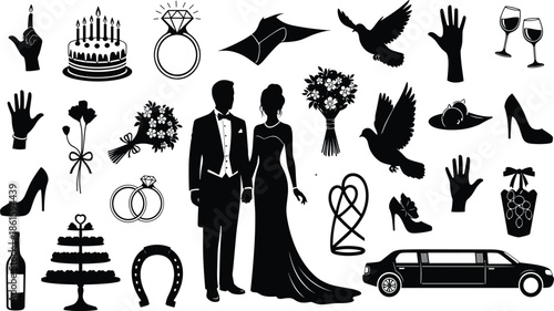 Wedding and marriage icon set, black silhouette vector illustration of bride, groom, rings, cake, and romantic celebration elements isolated on white background.