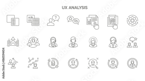 Collection of UX analysis icons, representing user experience research and design elements.
