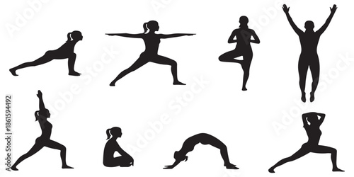 Collection of black silhouettes of women performing various yoga poses on a white background.