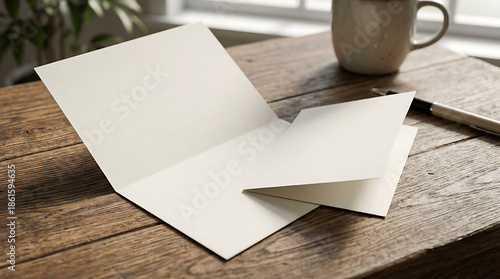 Blank card mockup on rustic wood desk with copy space