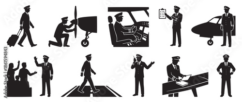 set of silhouettes of pilot airplane