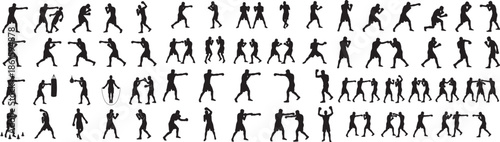 Set of boxer silhouette kicking and punching to opponent in boxing fighting stance for training competitive power