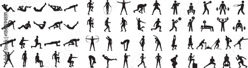 Set of fitness training workout exercises silhouette for strength health activity movement and body positive wellbeing