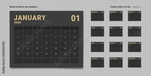 Set of 12 Pages Monthly Calendar Planner Templates with Logo Company on 2026 year. Vector mockup of wall or desktop organizer grid with the week start on Sunday in dark color. Pages Letter -8.5x11 in