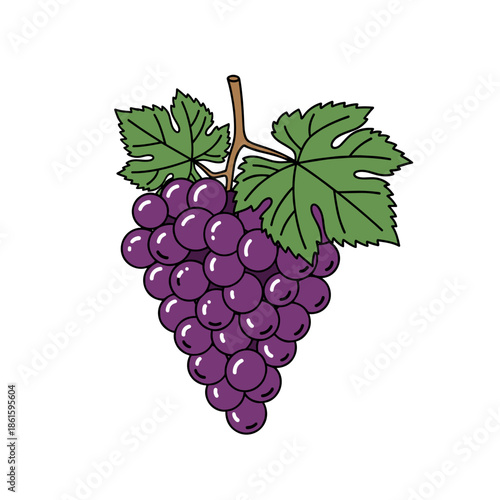 Purple grape bunch with green leaves in colorful icon style for Trifon Zarezan and wine visuals