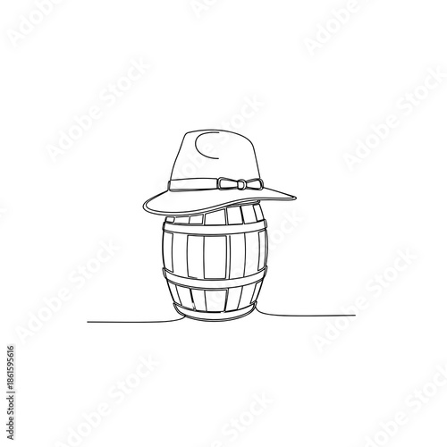 Wine barrel with classic hat in line art style for Trifon Zarezan holiday designs