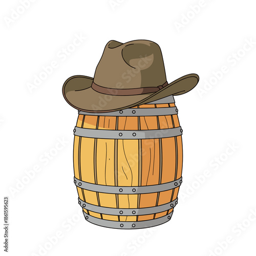 Wooden wine barrel with cowboy hat in brown icon style for Trifon Zarezan and rustic wine visuals