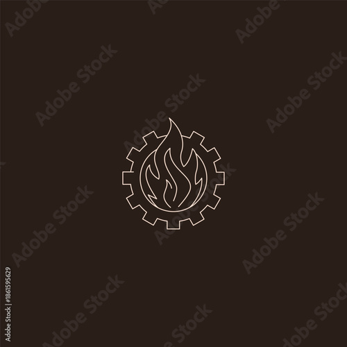 Gear and flame line art logo symbolizing power, industry, and innovation.