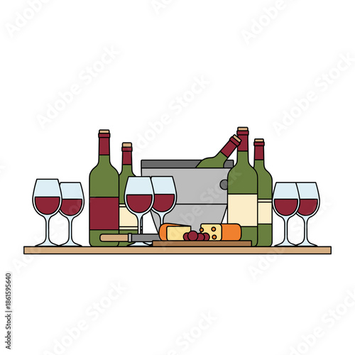 Wine bottles and glasses with cheese platter icon for Trifon Zarezan or wine tasting events